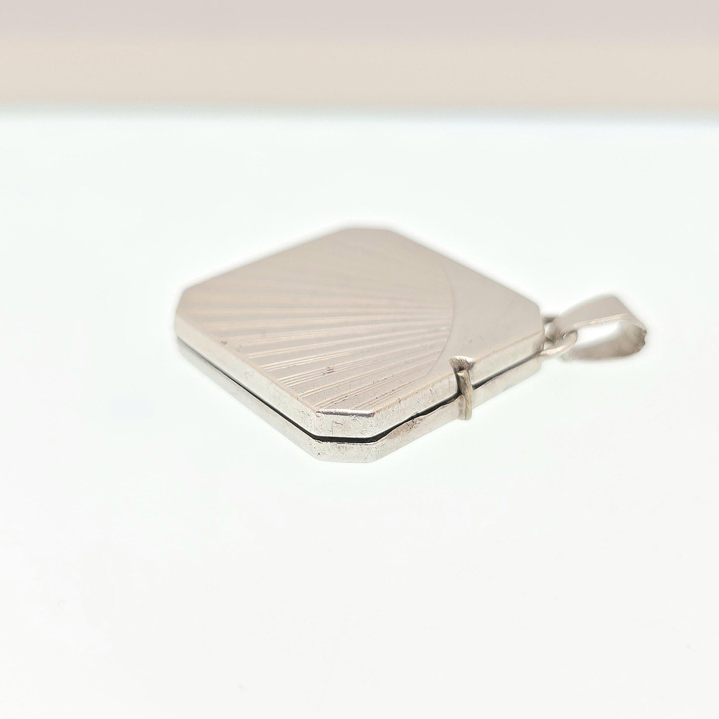 Antique Sterling Silver Locket Art Deco Square Sunburst Pattern Necklace Pendant Rare Fine 1920s Picture Photo Jewelry Vintage Jewellery