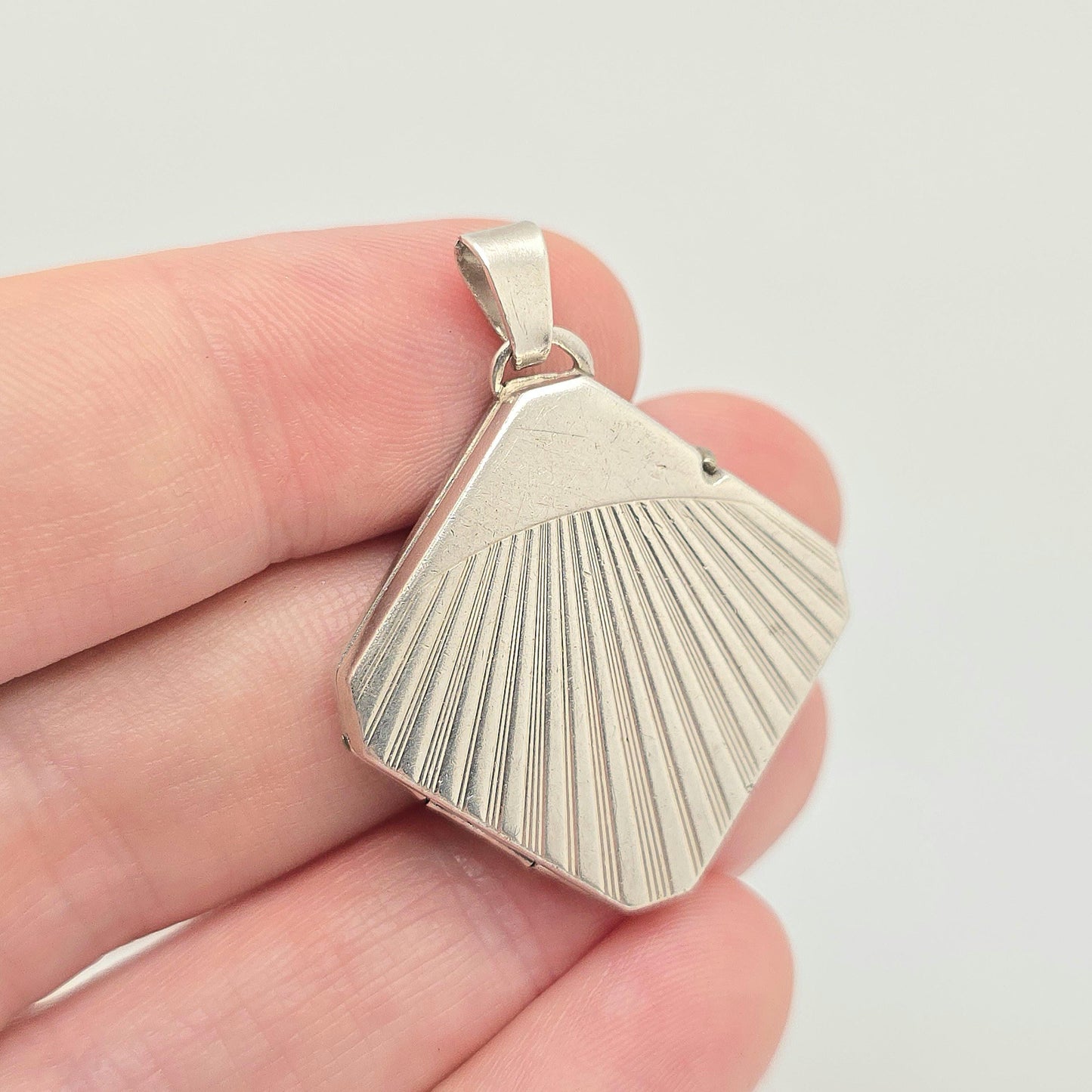 Antique Sterling Silver Locket Art Deco Square Sunburst Pattern Necklace Pendant Rare Fine 1920s Picture Photo Jewelry Vintage Jewellery