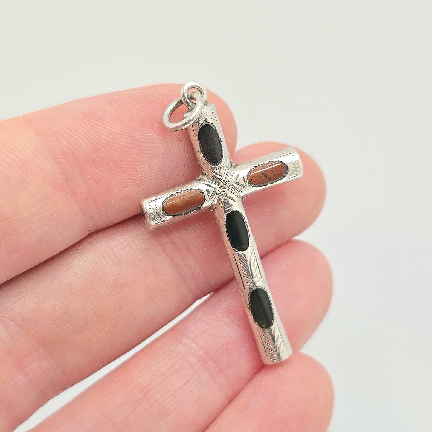 Antique Sterling Silver Bloodstone Jasper Cross Necklace Pendant Scottish Crucifix Quartz Agate Big Large Vintage Jewelry Jewellery Womens