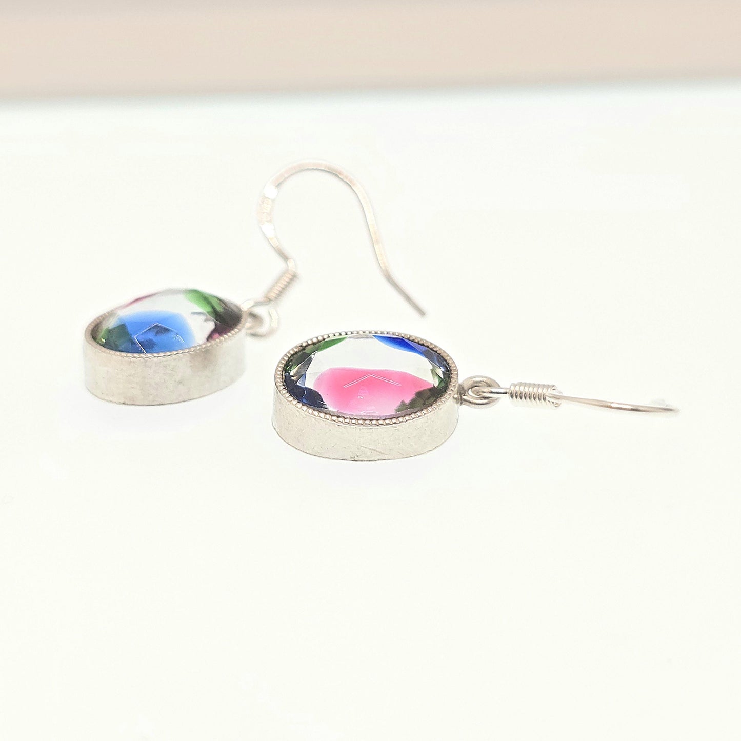 RESERVED/SOLD DON Antique Solid Silver Iris Rainbow Glass Earrings Screw Stud Art Deco Tutti Frutti Sparkly Foiled Fine Vintage