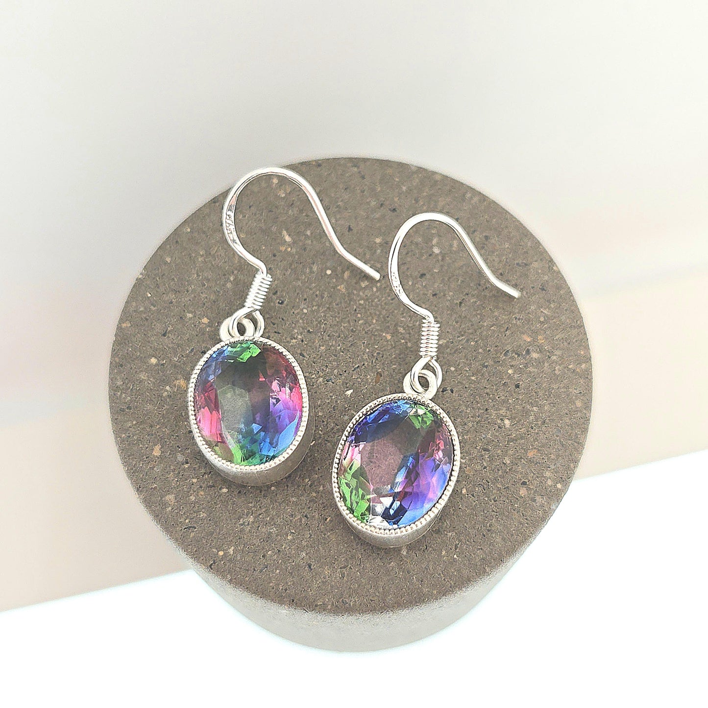 RESERVED/SOLD DON Antique Solid Silver Iris Rainbow Glass Earrings Screw Stud Art Deco Tutti Frutti Sparkly Foiled Fine Vintage