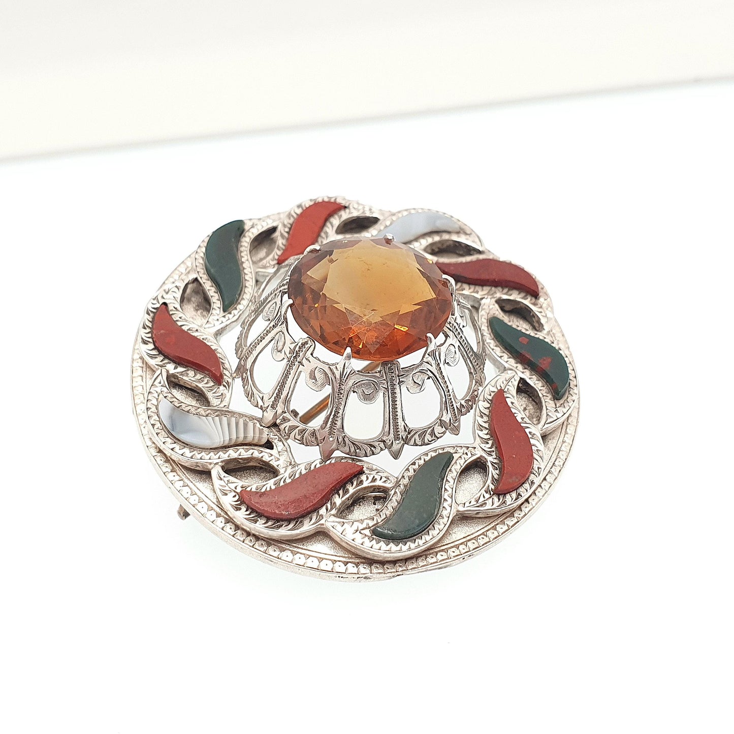 Antique Scottish Sterling Silver Citrine Brooch Pin Bloodstone Large Big Jasper Lace Agate Victorian Gemstone Jewelry Jewellery Old Vintage