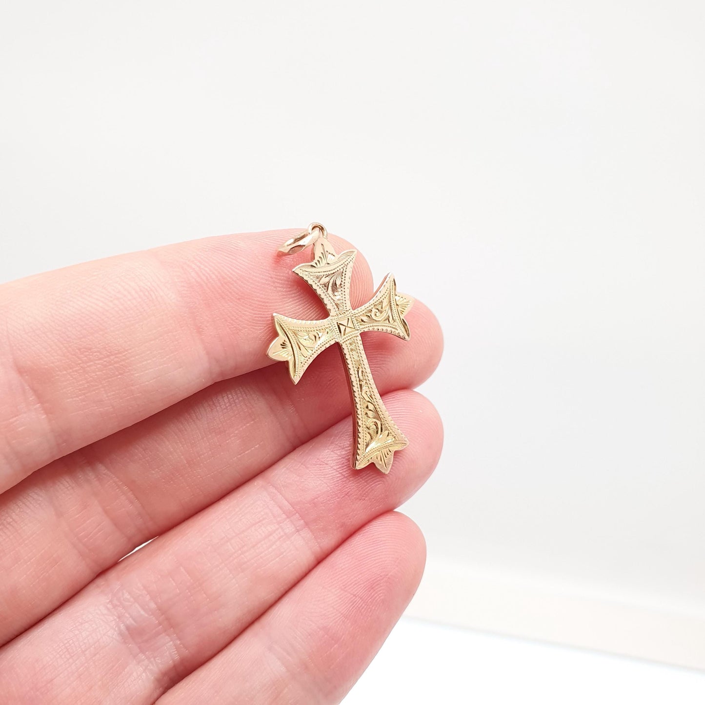 Antique 9ct 9k Gold Crucifix Necklace Cross Pendant 1911 Hallmark Engraved Cruciform Solid 9k 375 Vintage Womens Mens Jewellery Jewelry