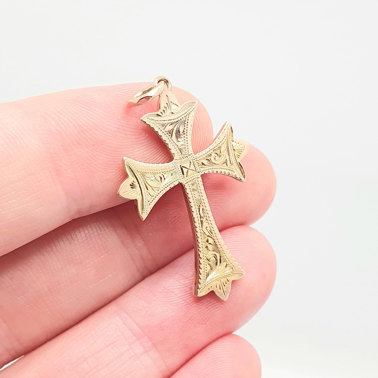 Antique 9ct 9k Gold Crucifix Necklace Cross Pendant 1911 Hallmark Engraved Cruciform Solid 9k 375 Vintage Womens Mens Jewellery Jewelry