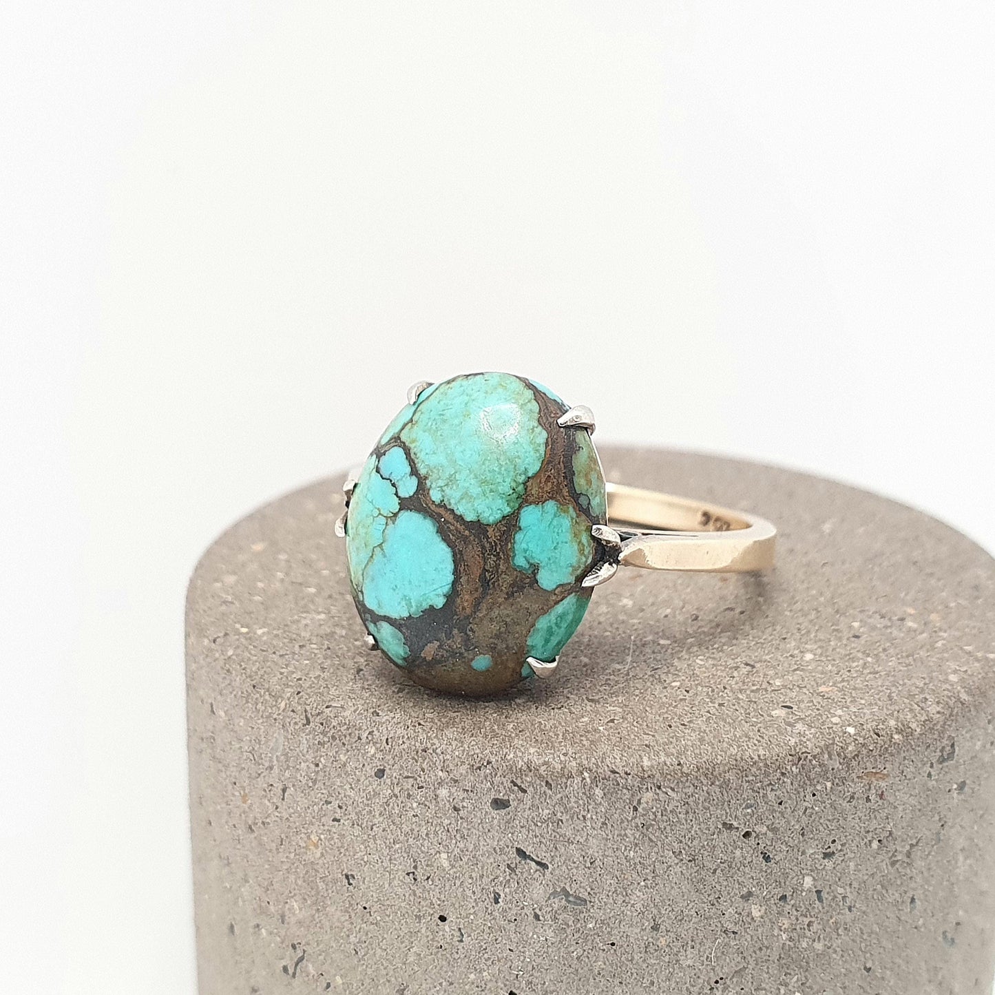Antique Turquoise Gold Ring Solid 9ct 9k 9kt Natural Matrix Gemstone Signet Big Large Oval Vintage Womens Ladies Jewelry Jewellery