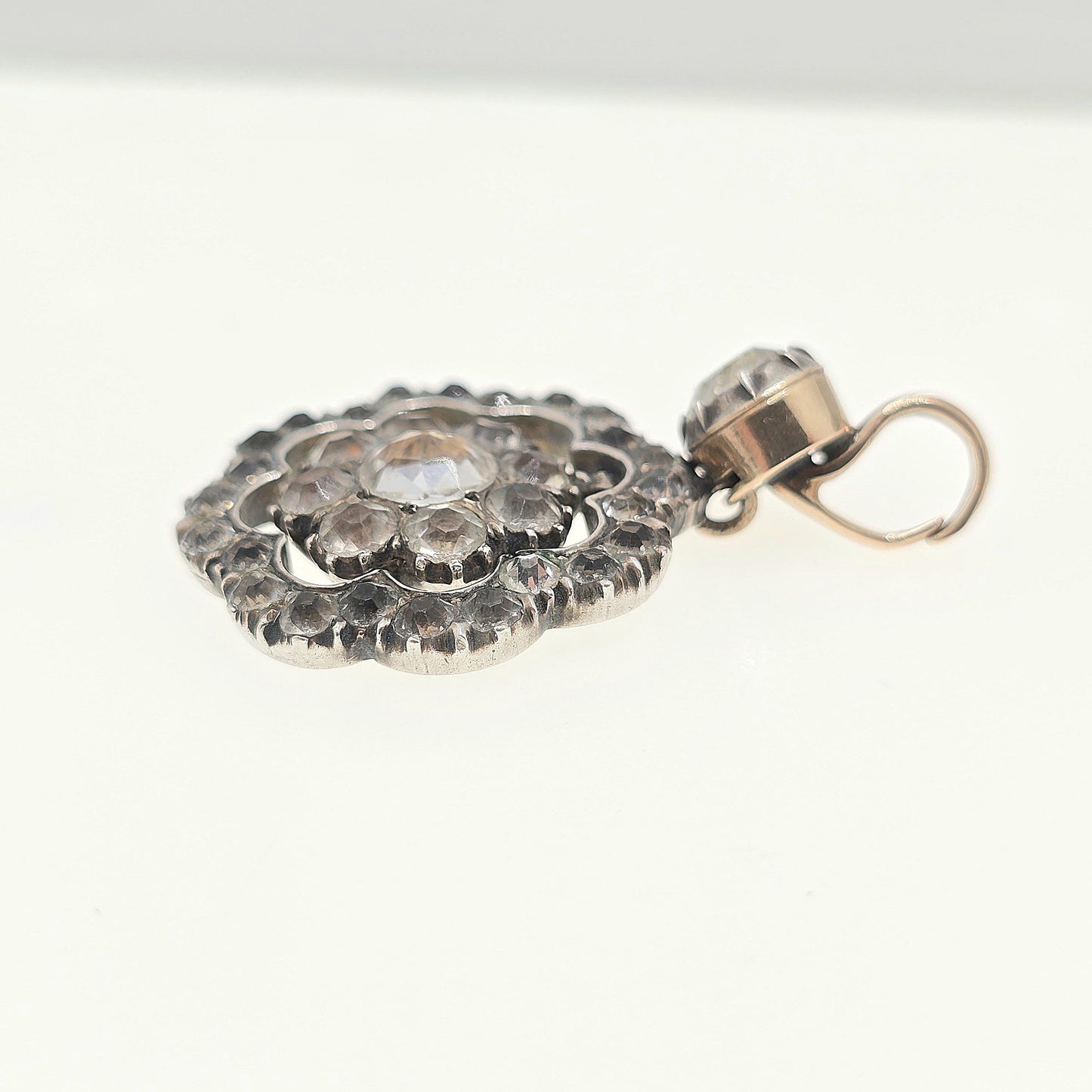Antique Victorian Solid Silver Diamond Paste Pendant 9ct Gold Necklace Old Cut Rare Sparkly Mid 1800s Vintage Jewellery Jewelry