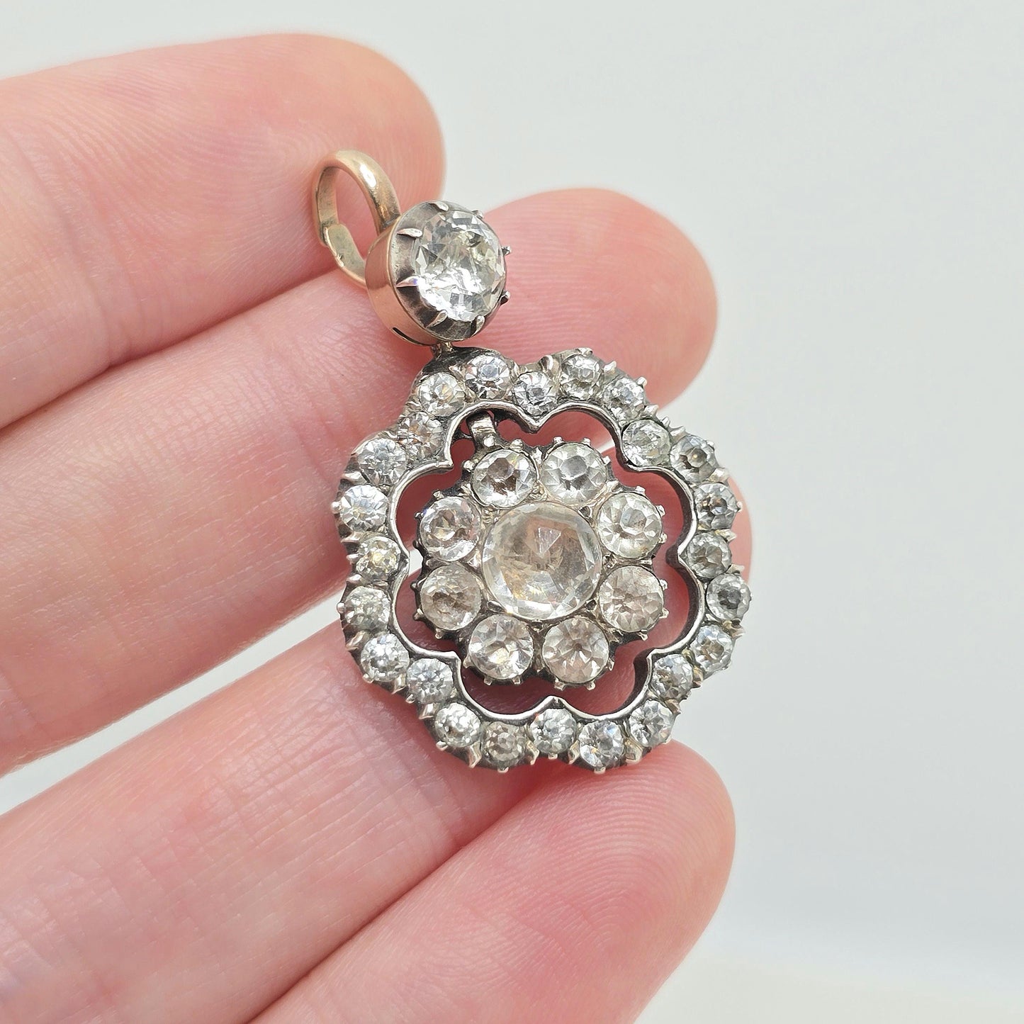 Antique Victorian Solid Silver Diamond Paste Pendant 9ct Gold Necklace Old Cut Rare Sparkly Mid 1800s Vintage Jewellery Jewelry