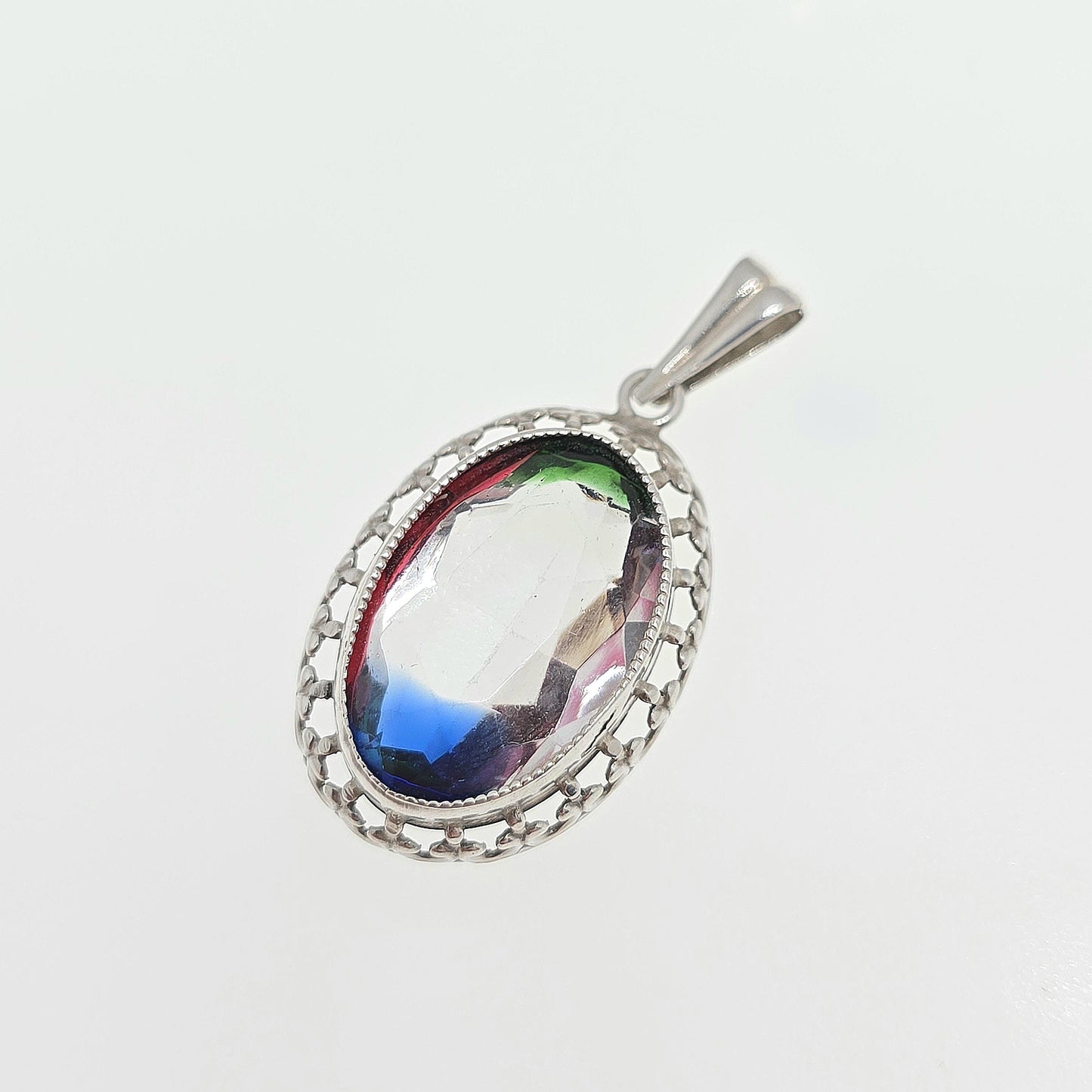 Antique Solid Silver Iris Rainbow Glass Necklace Tutti Frutti Pendant Genuine Art Deco 1920s Vintage Multi Coloured Paste Jewelry Jewelry