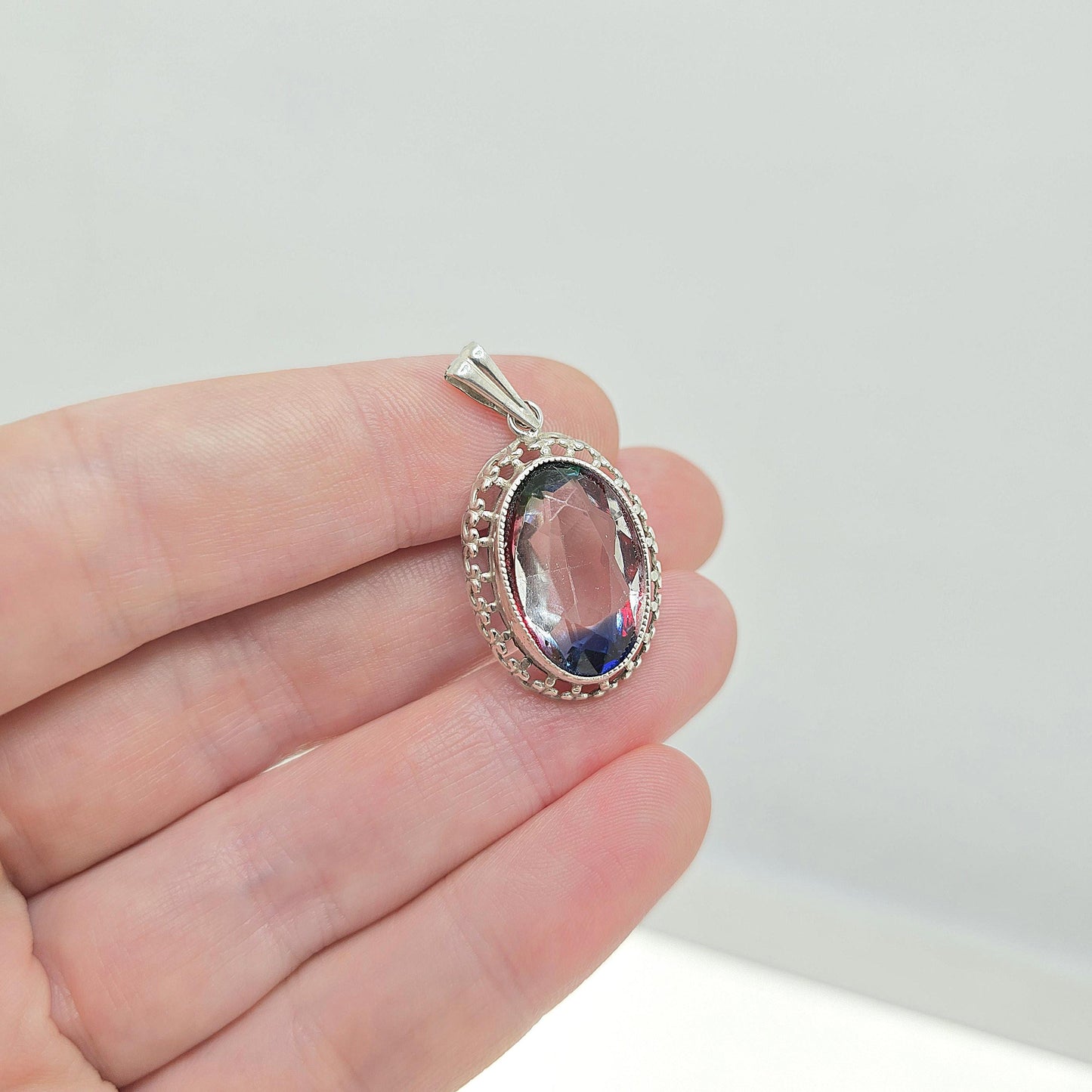Antique Solid Silver Iris Rainbow Glass Necklace Tutti Frutti Pendant Genuine Art Deco 1920s Vintage Multi Coloured Paste Jewelry Jewelry
