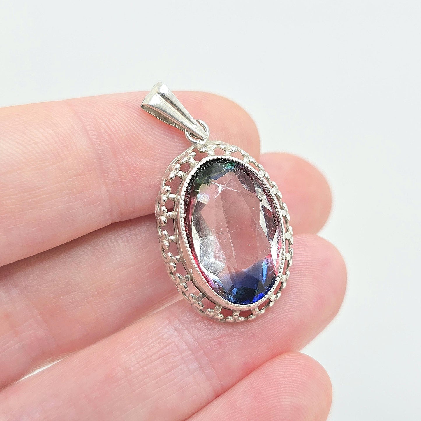 Antique Solid Silver Iris Rainbow Glass Necklace Tutti Frutti Pendant Genuine Art Deco 1920s Vintage Multi Coloured Paste Jewelry Jewelry