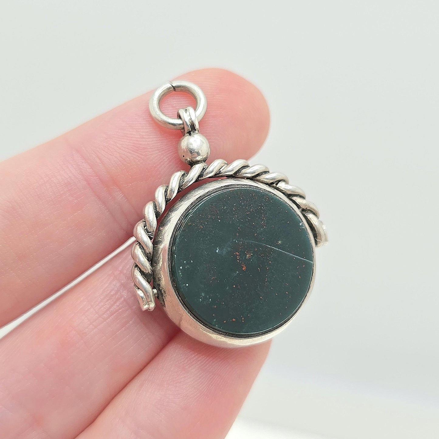 Antique Sterling Silver Spinner Bloodstone Fob Necklace Pendant Rope Border Carnelian Hallmark Large Vintage Mens Womens Jewelry Jewellery