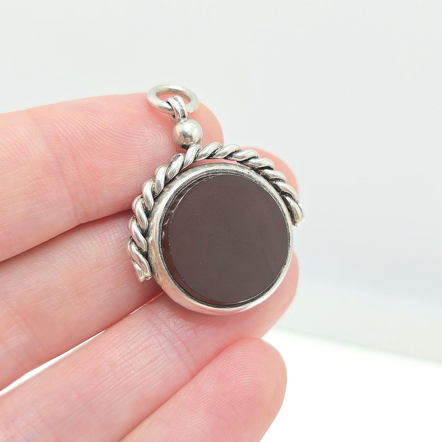 Antique Sterling Silver Spinner Bloodstone Fob Necklace Pendant Rope Border Carnelian Hallmark Large Vintage Mens Womens Jewelry Jewellery