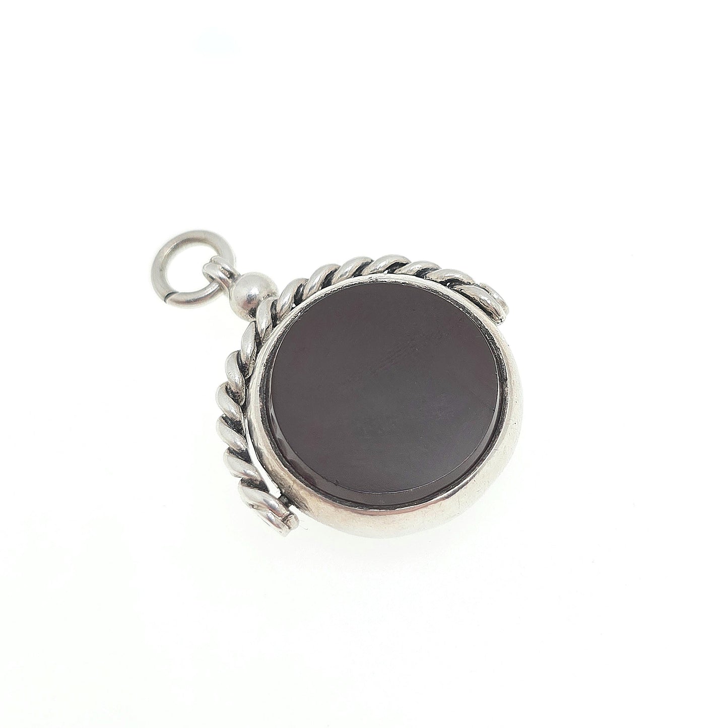 Antique Sterling Silver Spinner Bloodstone Fob Necklace Pendant Rope Border Carnelian Hallmark Large Vintage Mens Womens Jewelry Jewellery