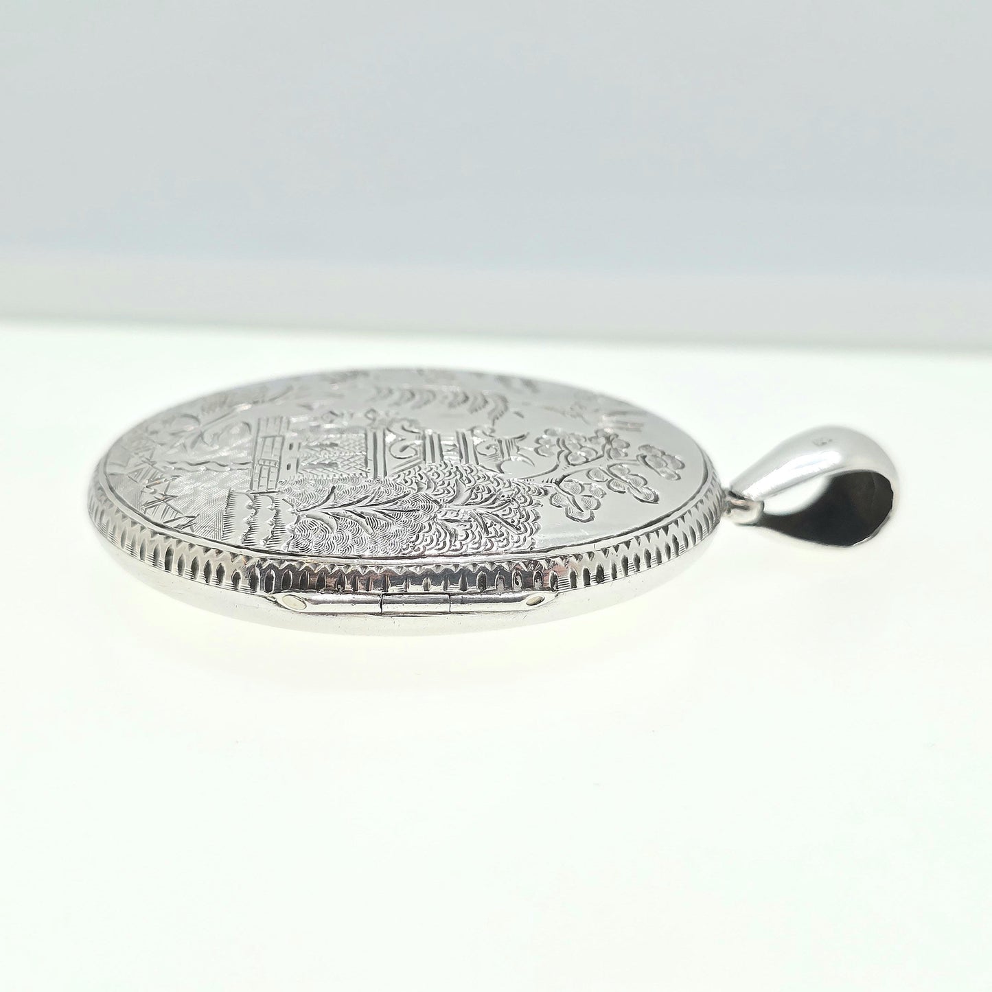 Antique Victorian Sterling Silver Bird Locket Chinese Asian Scene 1882 Hallmark Pendant Huge Big Picture Photo Vintage Jewelry Jewellery