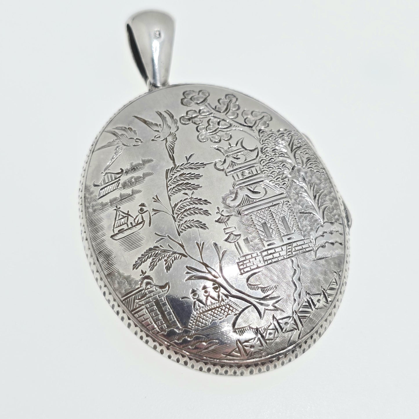 Antique Victorian Sterling Silver Bird Locket Chinese Asian Scene 1882 Hallmark Pendant Huge Big Picture Photo Vintage Jewelry Jewellery
