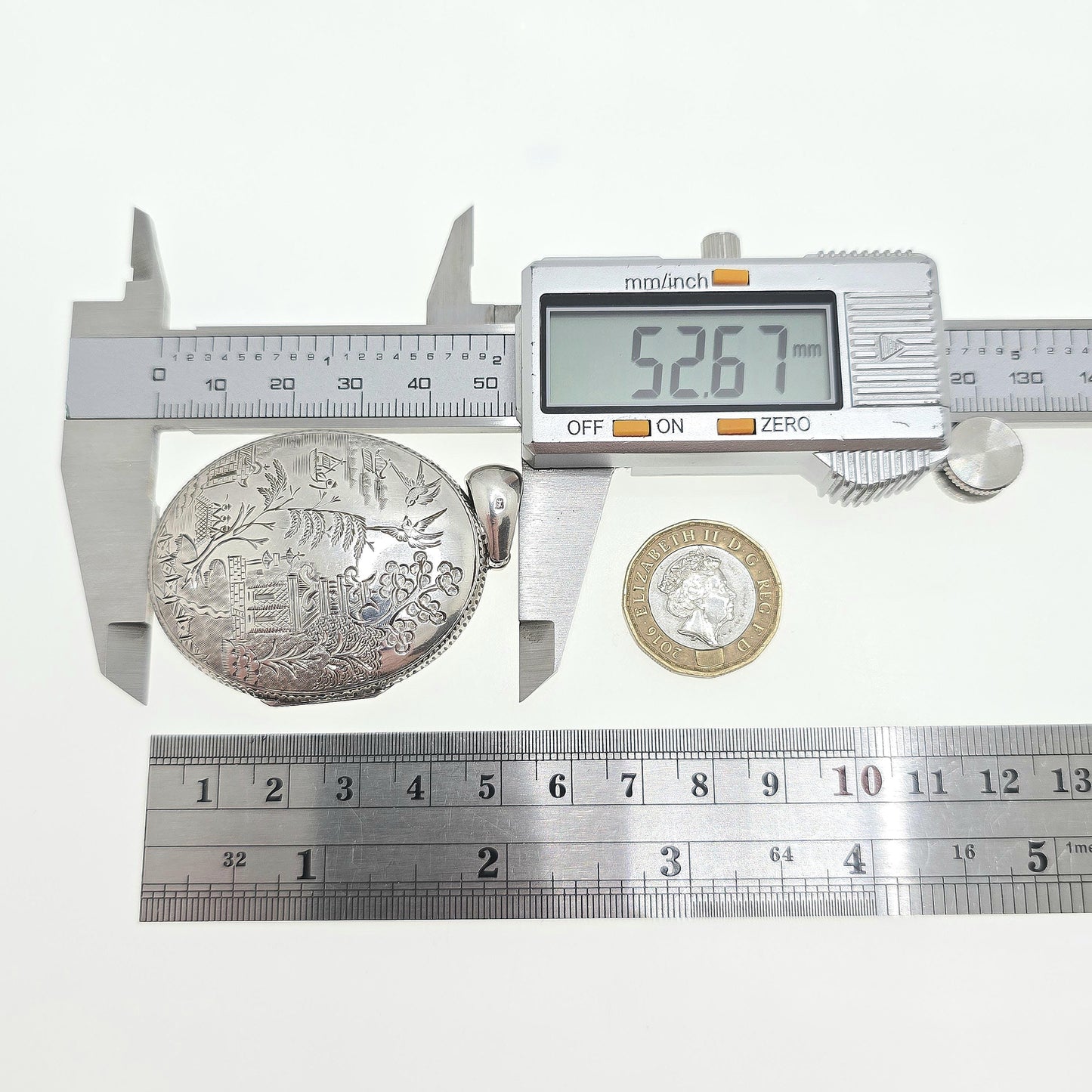 Antique Victorian Sterling Silver Bird Locket Chinese Asian Scene 1882 Hallmark Pendant Huge Big Picture Photo Vintage Jewelry Jewellery