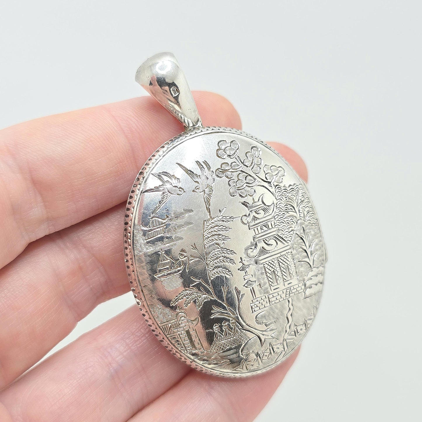 Antique Victorian Sterling Silver Bird Locket Chinese Asian Scene 1882 Hallmark Pendant Huge Big Picture Photo Vintage Jewelry Jewellery