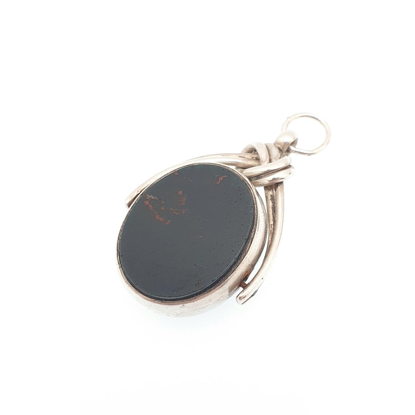 Antique Victorian Sterling Silver Spinner Bloodstone Fob Necklace Pendant Carnelian Oval Gemstone Vintage Mens Womens Jewelry Jewellery