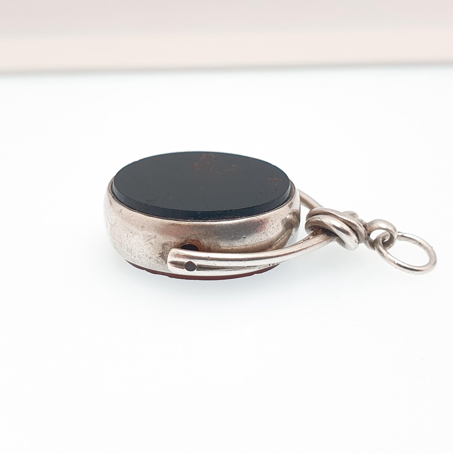 Antique Victorian Sterling Silver Spinner Bloodstone Fob Necklace Pendant Carnelian Oval Gemstone Vintage Mens Womens Jewelry Jewellery
