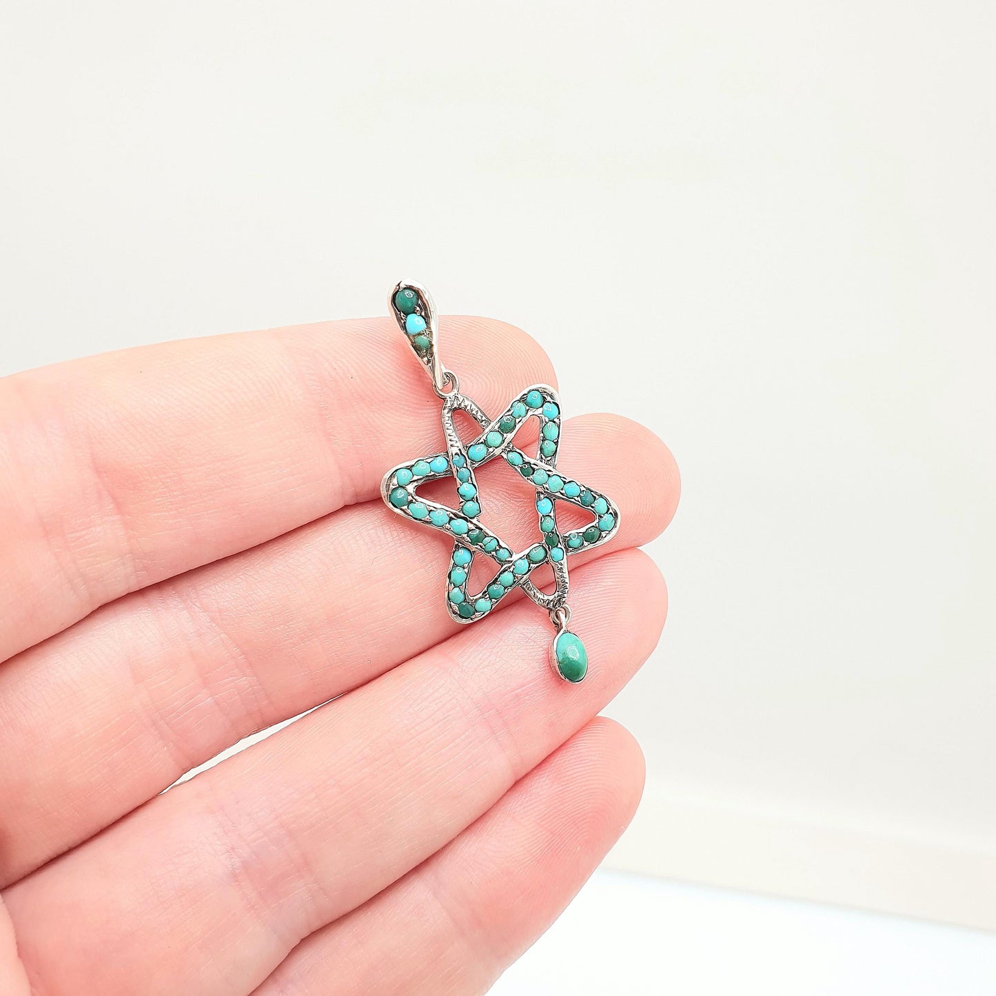 Antique Solid Silver Turquoise Star Pendant Necklace Victorian 6 Point Star Celestial Hanging Drop Natural Gemstone Womens Jewellery Jewelry