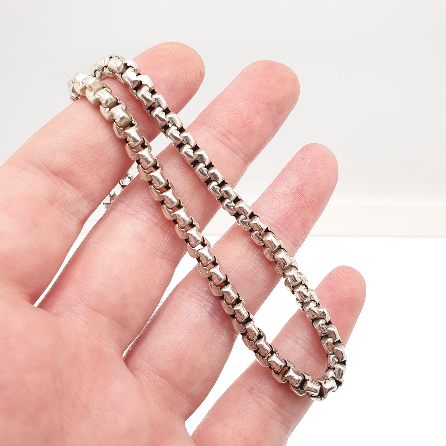 Antique Victorian Solid Silver Belcher Link Chain Necklace 42cm 16.5" 20.27g Rounded Box Square 1800s Vintage Mens Womens Jewelry Jewelry