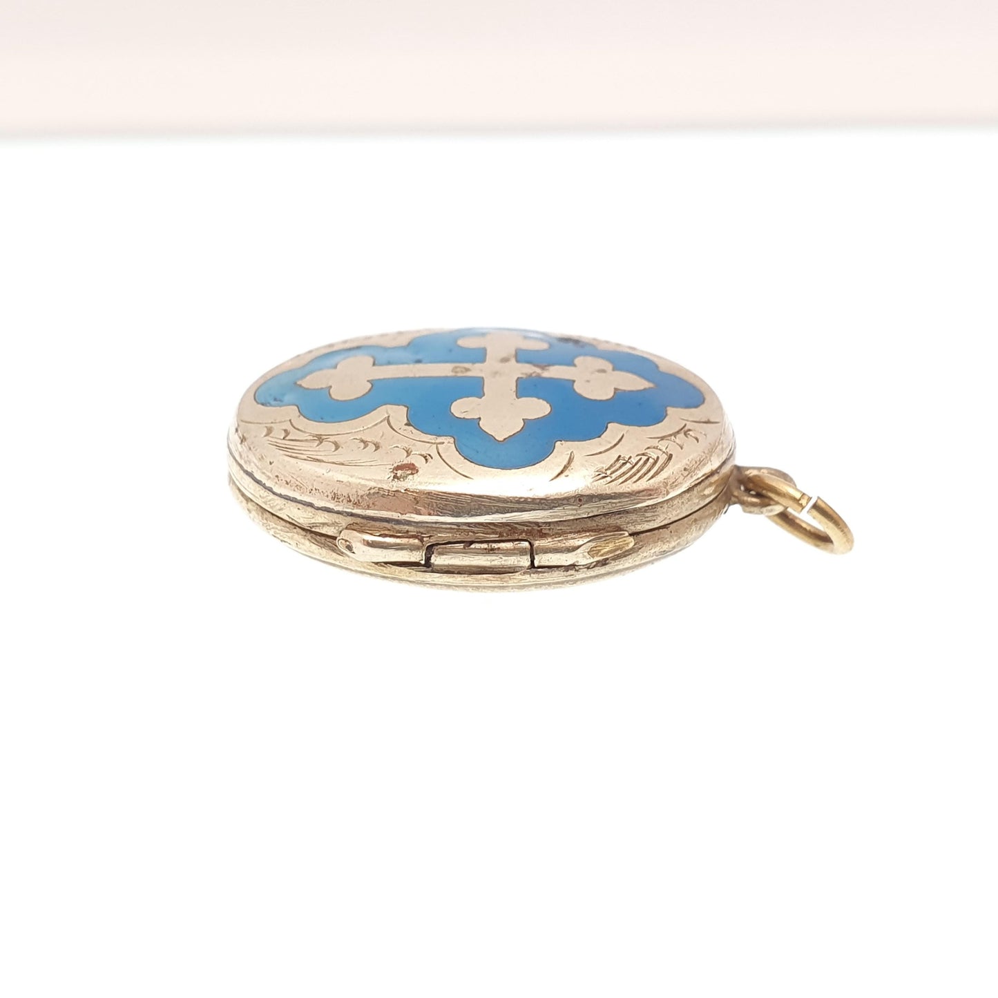 Antique Victorian Pinchbeck Gold Locket Sky Blue Enamel Crucifix Cross Necklace Pendant Back & Front Picture Womens Jewelry Jewellery