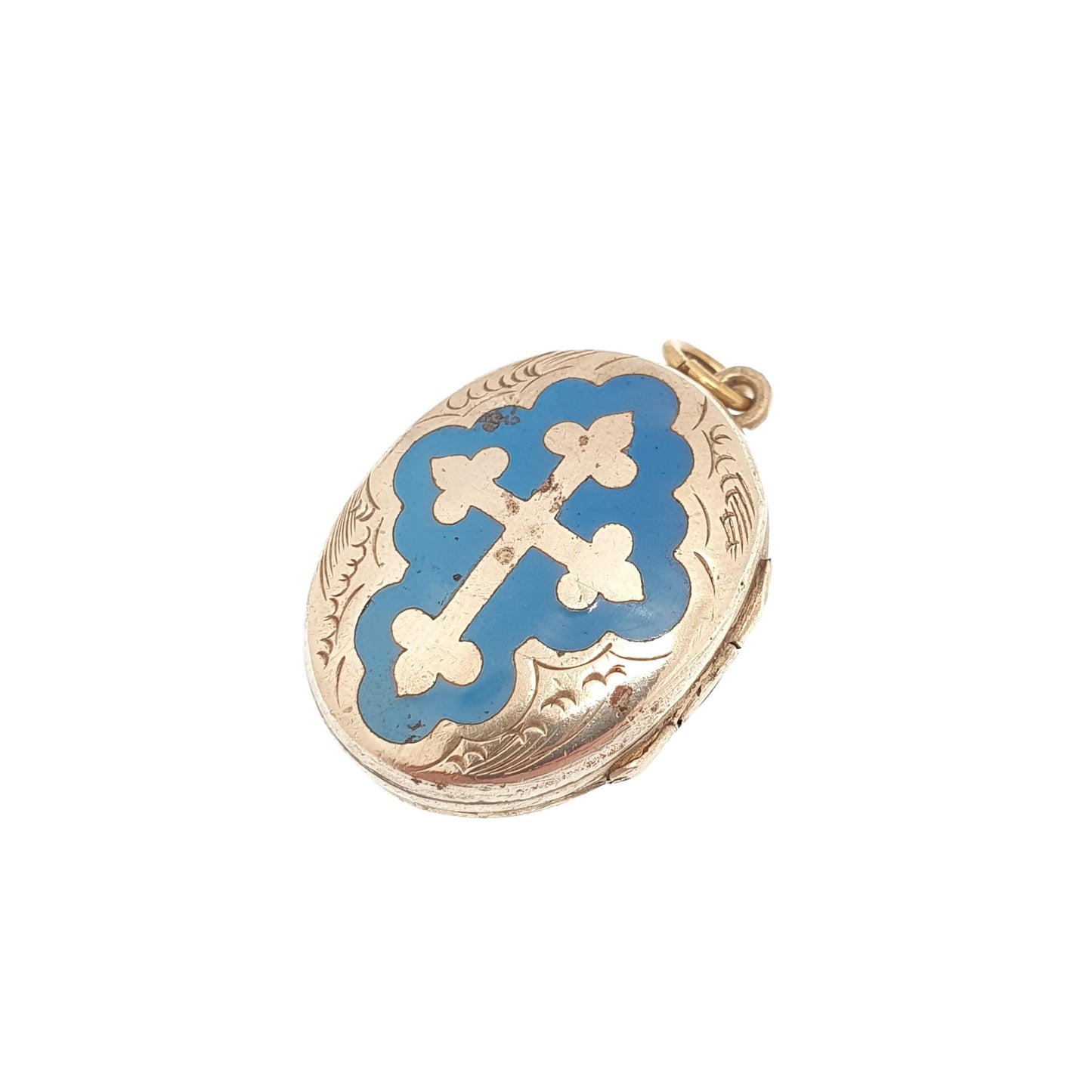 Antique Victorian Pinchbeck Gold Locket Sky Blue Enamel Crucifix Cross Necklace Pendant Back & Front Picture Womens Jewelry Jewellery