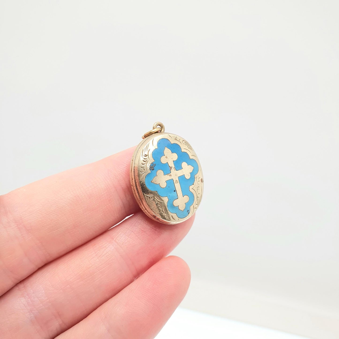 Antique Victorian Pinchbeck Gold Locket Sky Blue Enamel Crucifix Cross Necklace Pendant Back & Front Picture Womens Jewelry Jewellery