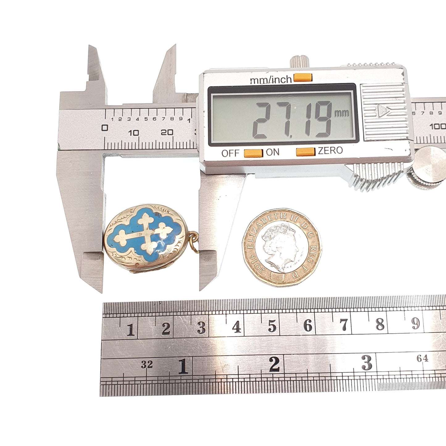 Antique Victorian Pinchbeck Gold Locket Sky Blue Enamel Crucifix Cross Necklace Pendant Back & Front Picture Womens Jewelry Jewellery