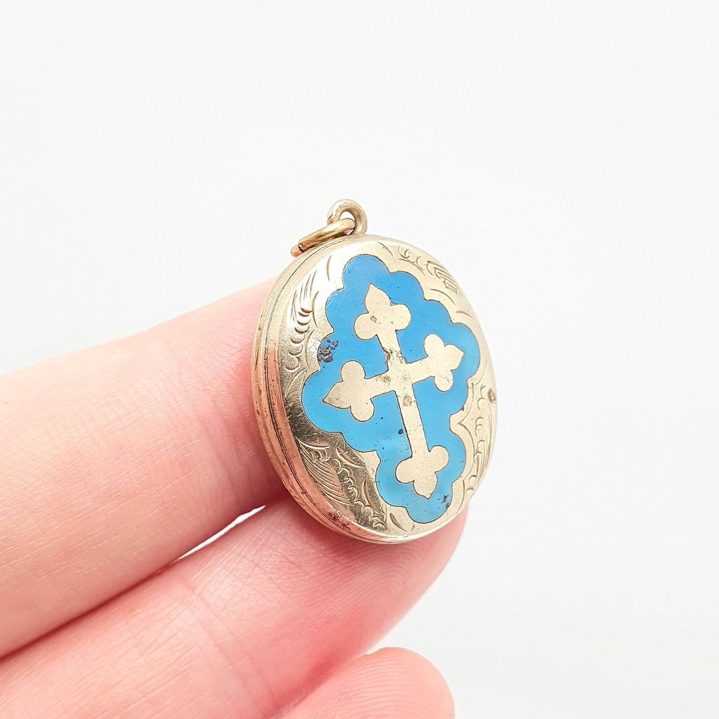 Antique Victorian Pinchbeck Gold Locket Sky Blue Enamel Crucifix Cross Necklace Pendant Back & Front Picture Womens Jewelry Jewellery