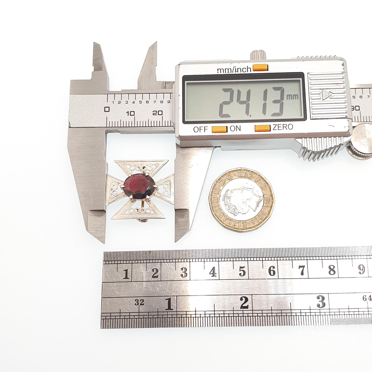 Antique Sterling Silver Maltese Cross Brooch Natural Garnet Pin Oval Cut Cruciform Crucifix Malta Vintage Womens Jewelry Jewellery