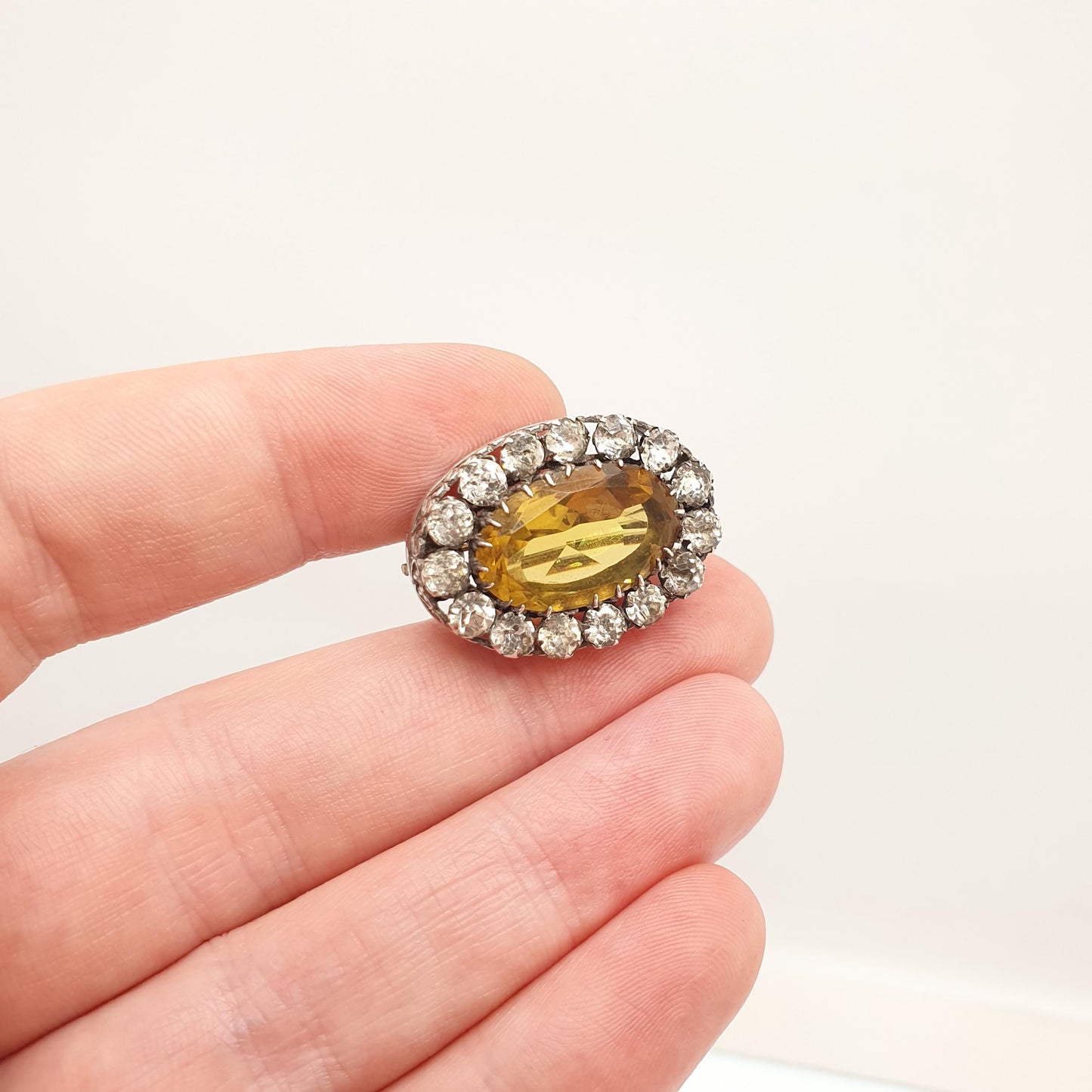 Antique Victorian Solid Silver Citrine Paste Brooch Diamond Paste Cluster Halo Heart Border Large Big Oval Cut Vintage Jewelry Jewellery