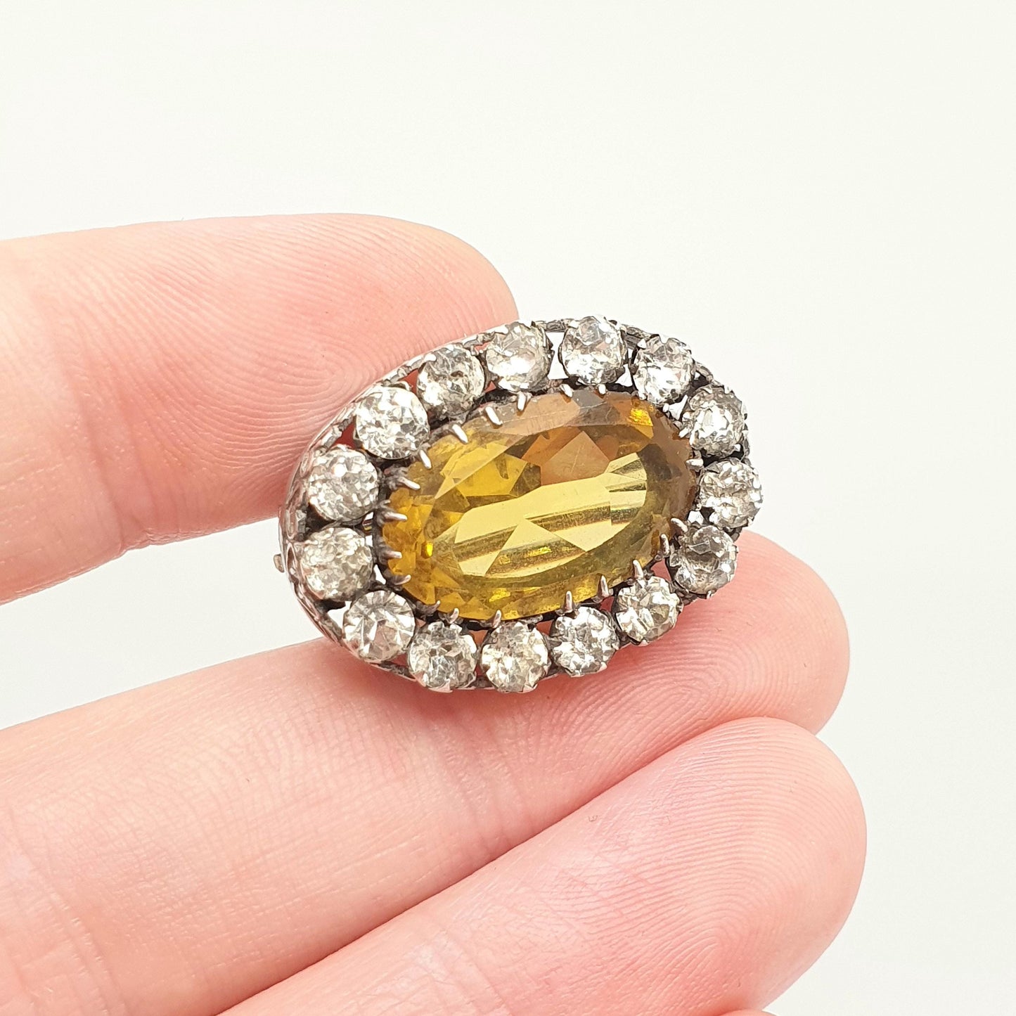 Antique Victorian Solid Silver Citrine Paste Brooch Diamond Paste Cluster Halo Heart Border Large Big Oval Cut Vintage Jewelry Jewellery