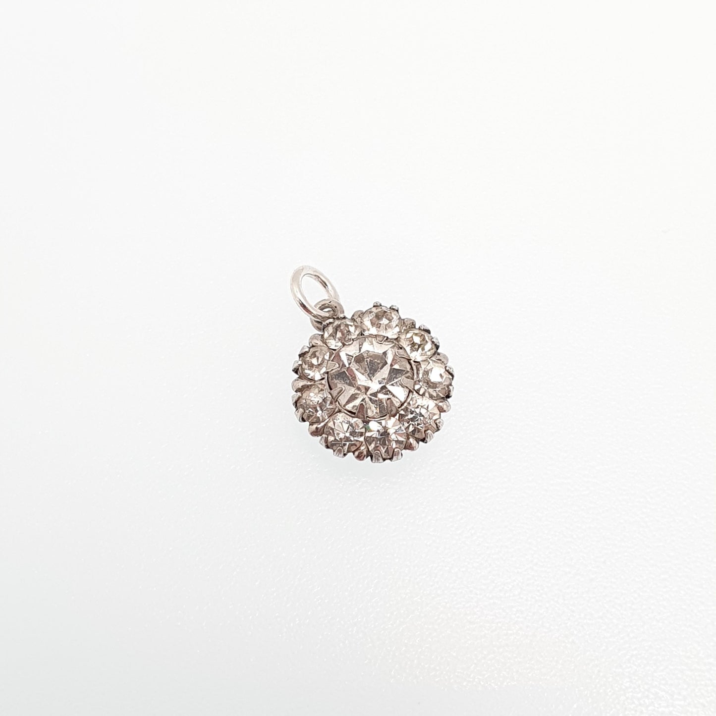 Antique Solid Silver Diamond Paste Pendant Cluster Necklace Small Tiny Flower Art Deco Shape Sparkly Glass Gemstone 1920s Vintage Jewelry