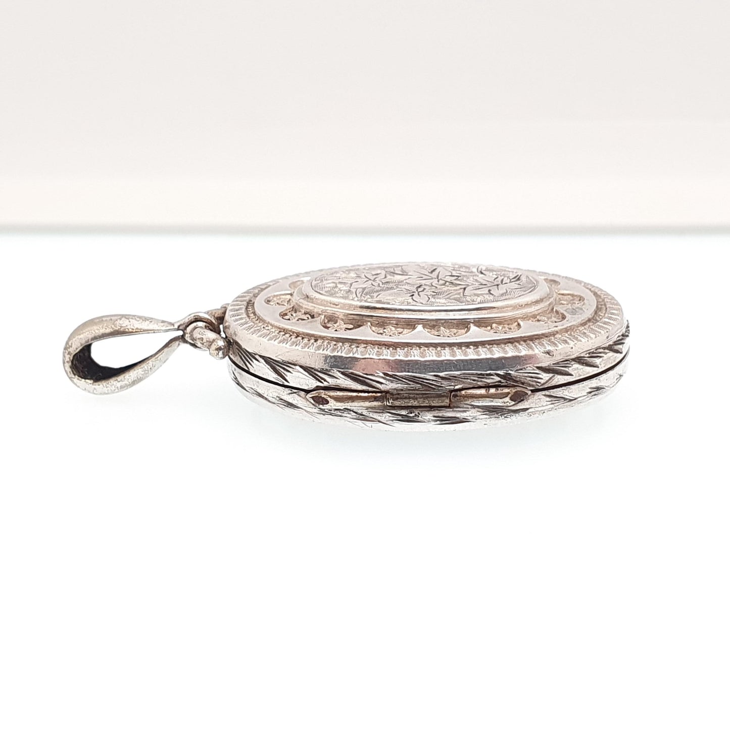 Antique Victorian Solid Silver Locket Hand Engraved Back and Front Oval Large Big Pendant Picture Photo Vintage Womens Jewelry Jewellery