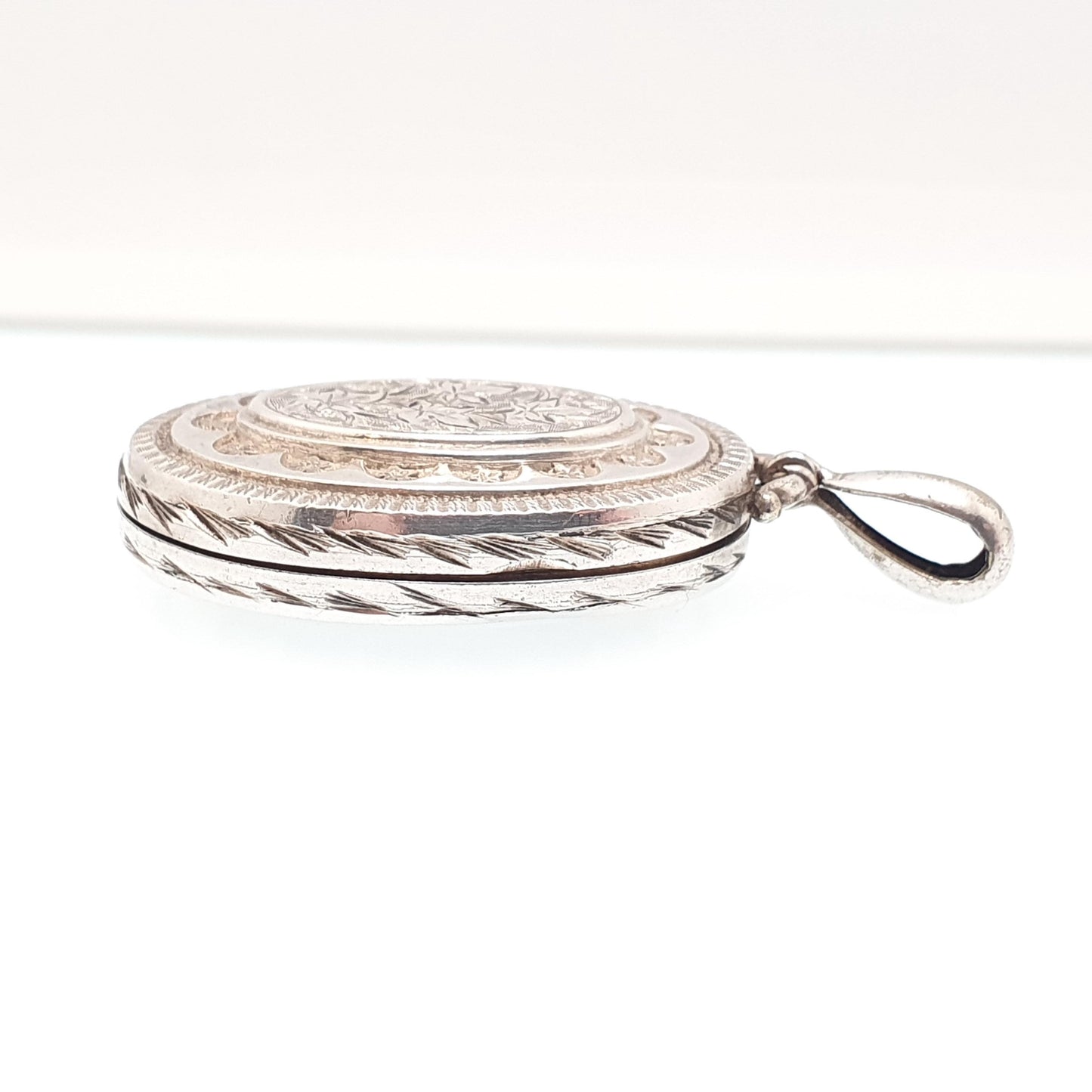 Antique Victorian Solid Silver Locket Hand Engraved Back and Front Oval Large Big Pendant Picture Photo Vintage Womens Jewelry Jewellery