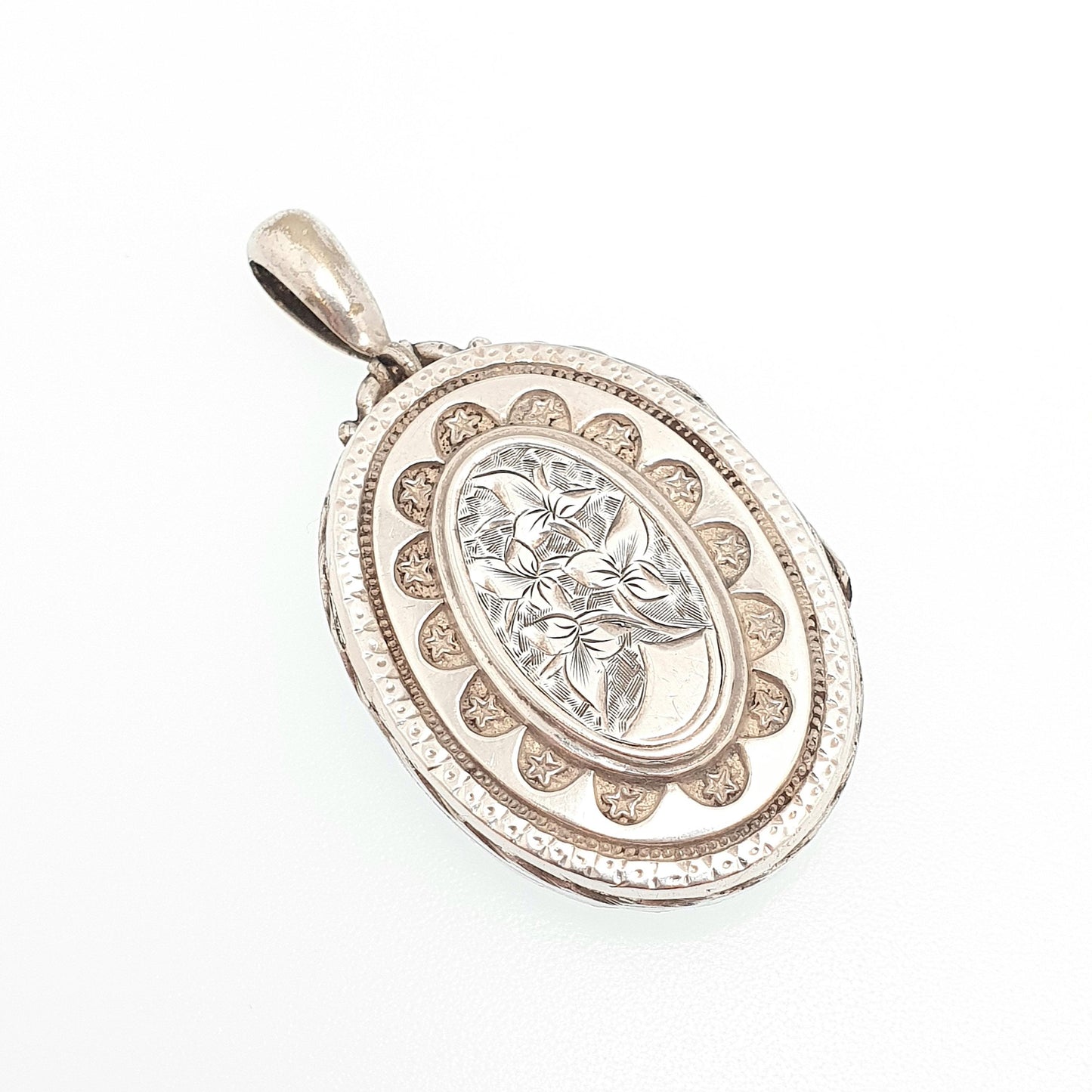 Antique Victorian Solid Silver Locket Hand Engraved Back and Front Oval Large Big Pendant Picture Photo Vintage Womens Jewelry Jewellery