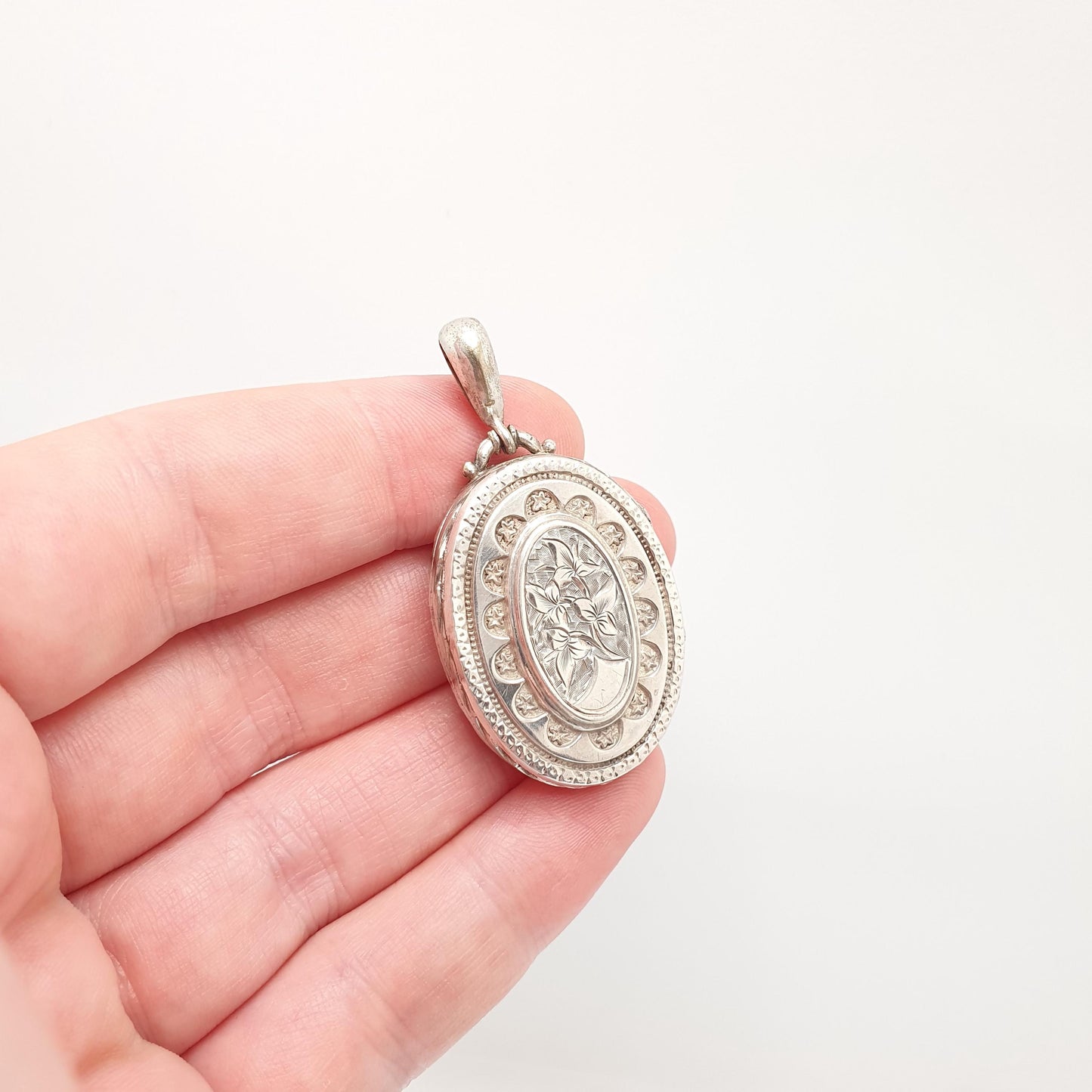 Antique Victorian Solid Silver Locket Hand Engraved Back and Front Oval Large Big Pendant Picture Photo Vintage Womens Jewelry Jewellery