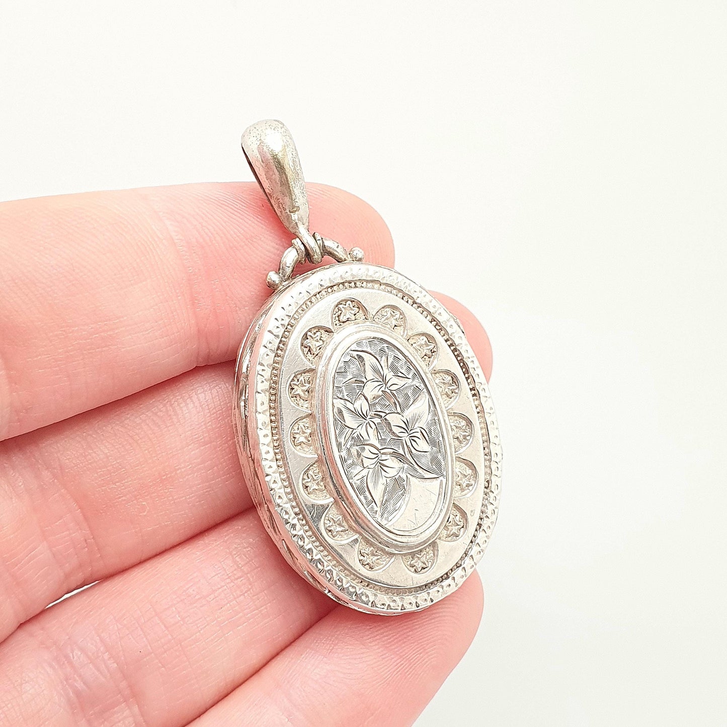 Antique Victorian Solid Silver Locket Hand Engraved Back and Front Oval Large Big Pendant Picture Photo Vintage Womens Jewelry Jewellery