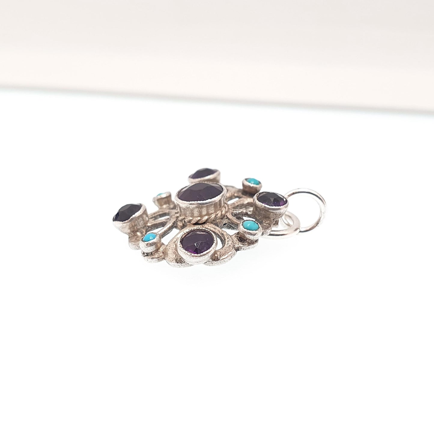 Antique Austro Hungarian Solid Silver Amethyst Pendant Turquoise Victorian Necklace Orante Genuine Gemstones Womens Jewelry Jewellery