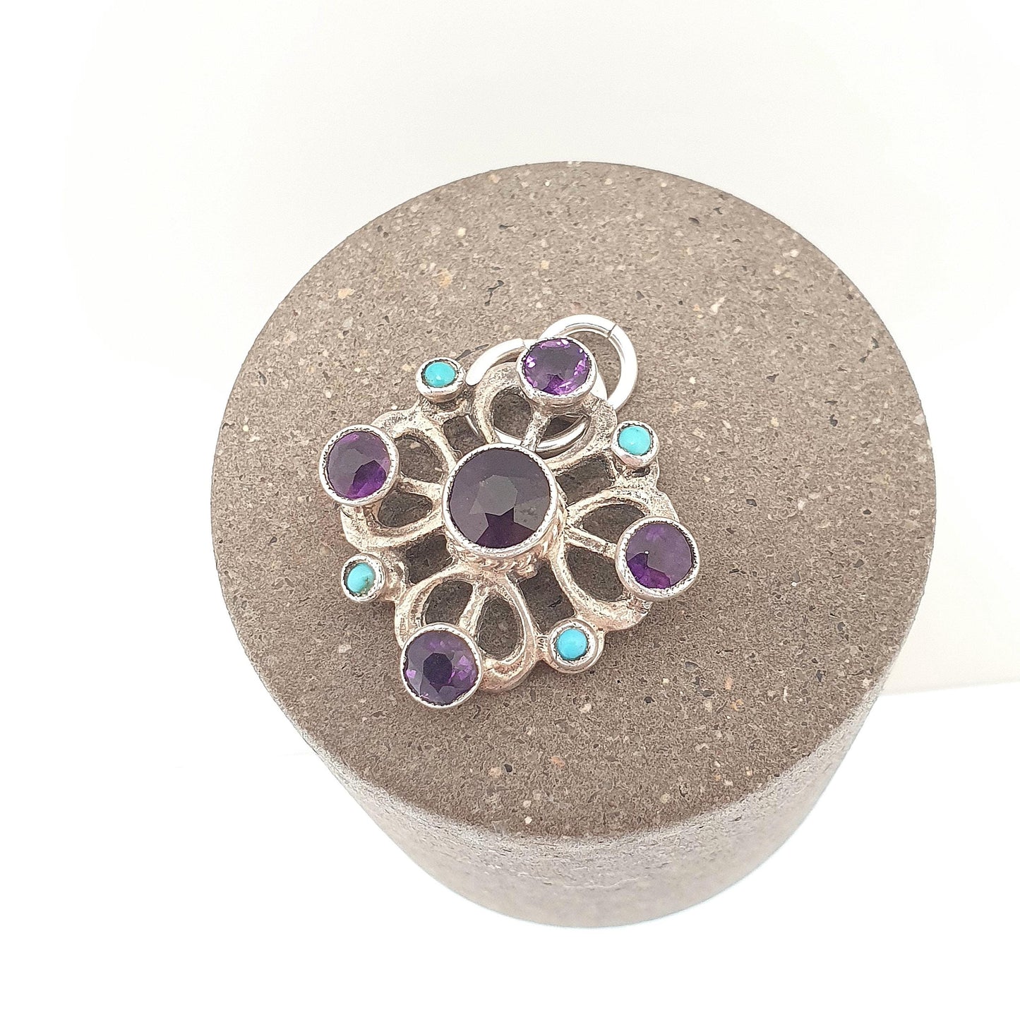 Antique Austro Hungarian Solid Silver Amethyst Pendant Turquoise Victorian Necklace Orante Genuine Gemstones Womens Jewelry Jewellery