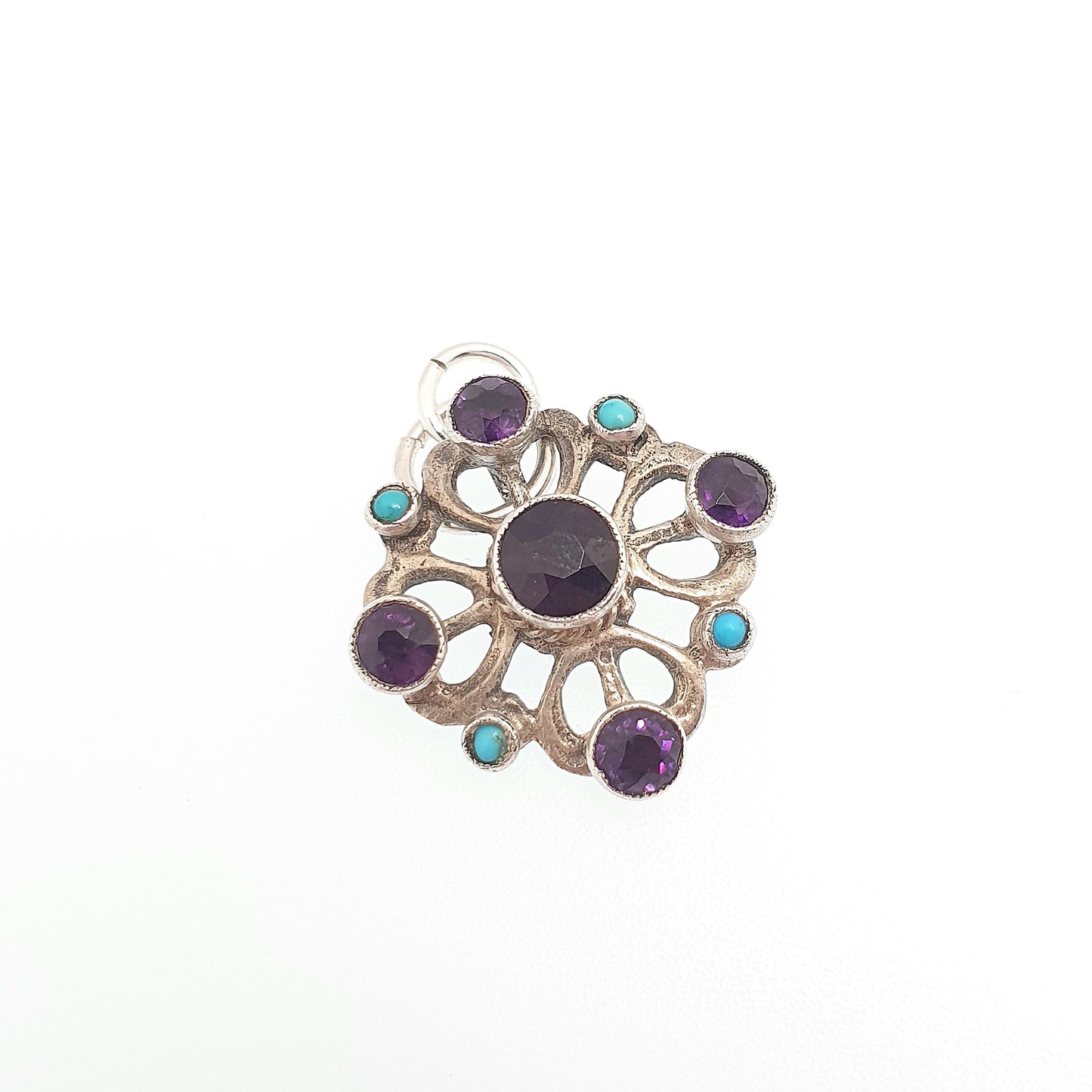 Antique Austro Hungarian Solid Silver Amethyst Pendant Turquoise Victorian Necklace Orante Genuine Gemstones Womens Jewelry Jewellery