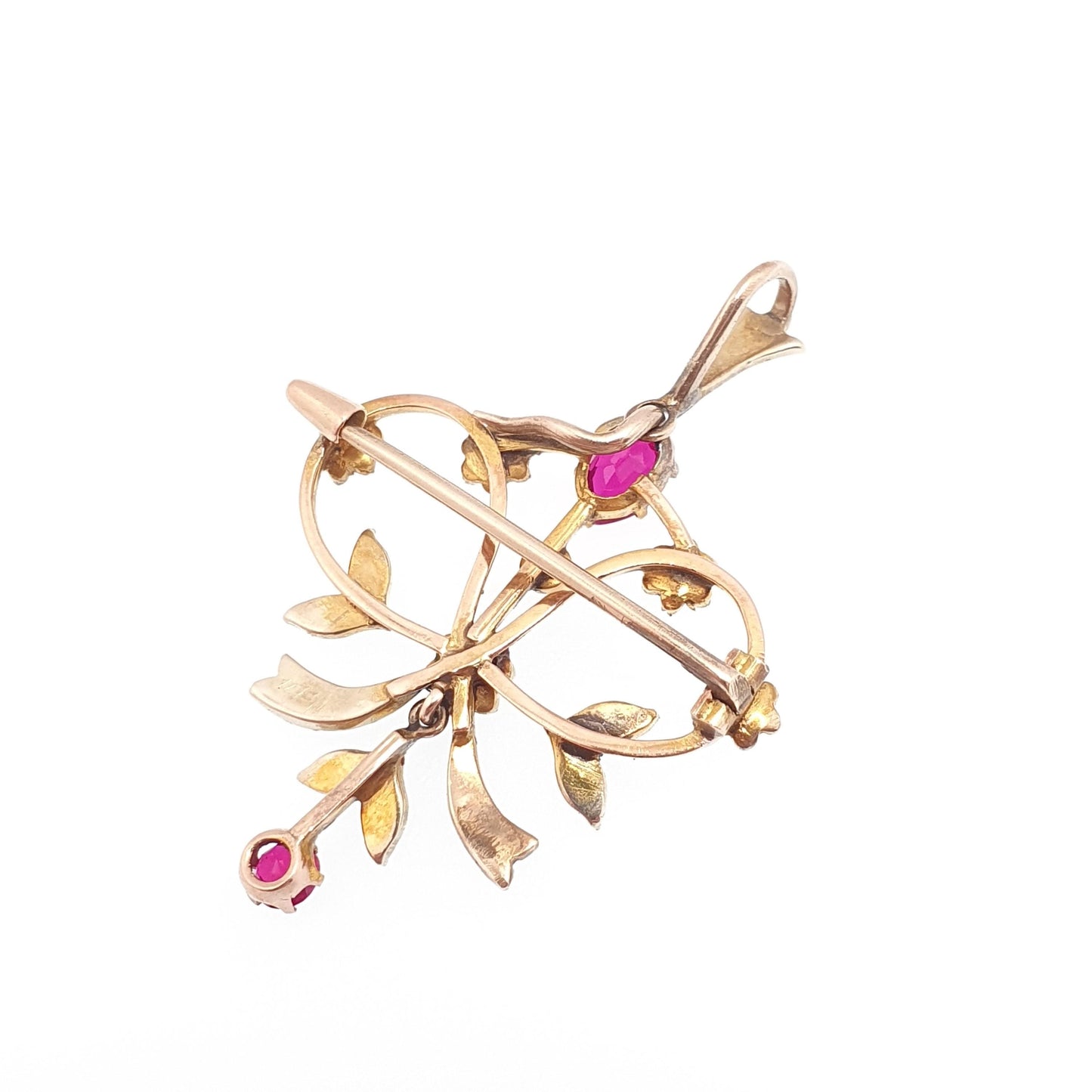 Antique 14k 14kt Gold Ruby Necklace Seed Pearl Openwork Pendant Brooch Edwardian Solid 585 Art Nouveau Vintage Womens Jewelry Jewellery