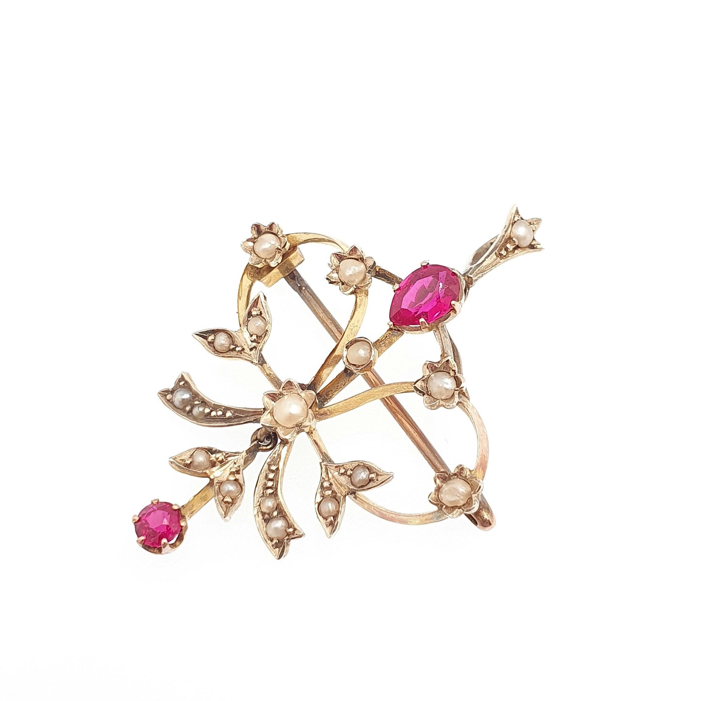 Antique 14k 14kt Gold Ruby Necklace Seed Pearl Openwork Pendant Brooch Edwardian Solid 585 Art Nouveau Vintage Womens Jewelry Jewellery