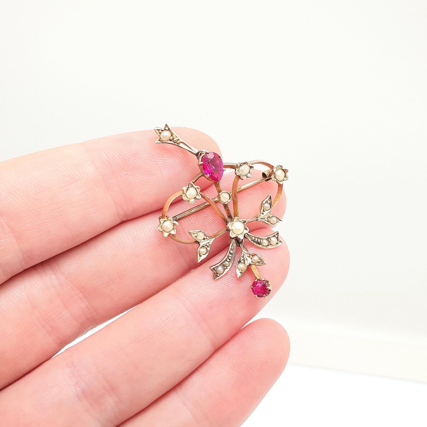 Antique 14k 14kt Gold Ruby Necklace Seed Pearl Openwork Pendant Brooch Edwardian Solid 585 Art Nouveau Vintage Womens Jewelry Jewellery