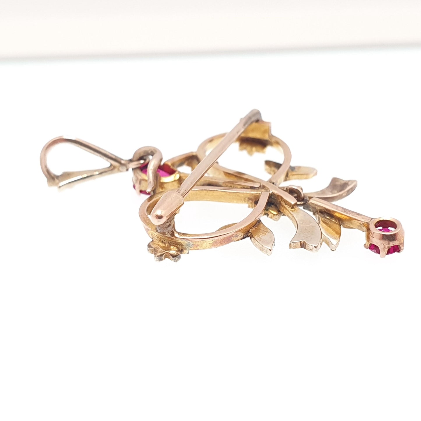 Antique 14k 14kt Gold Ruby Necklace Seed Pearl Openwork Pendant Brooch Edwardian Solid 585 Art Nouveau Vintage Womens Jewelry Jewellery