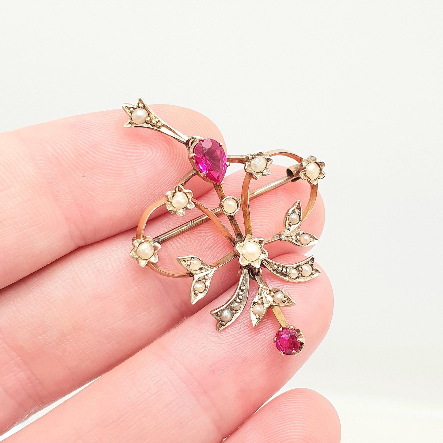 Antique 14k 14kt Gold Ruby Necklace Seed Pearl Openwork Pendant Brooch Edwardian Solid 585 Art Nouveau Vintage Womens Jewelry Jewellery