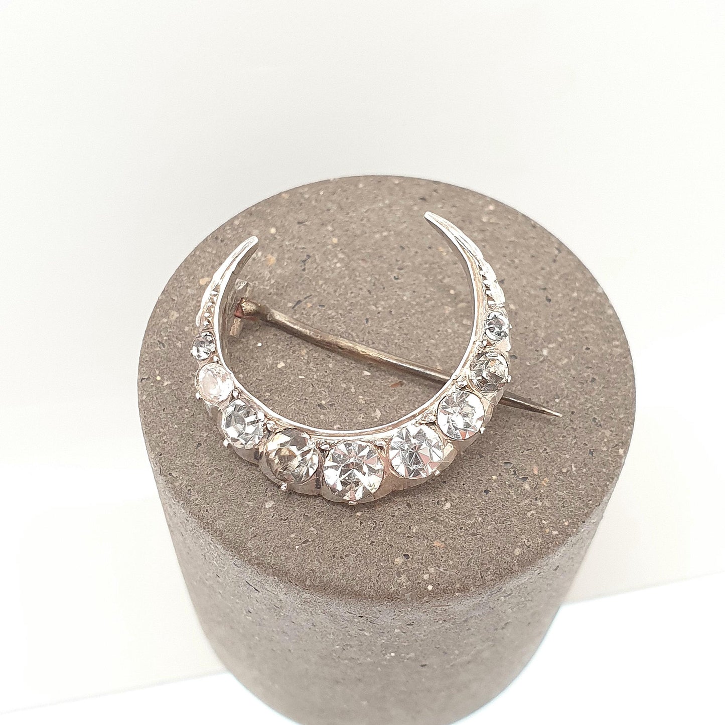 Antique Crescent Moon Solid Silver Brooch Victorian Diamond Paste Foiled Backs Sparkly Celestial Jewelry Jewellery Vintage Moons Pastes