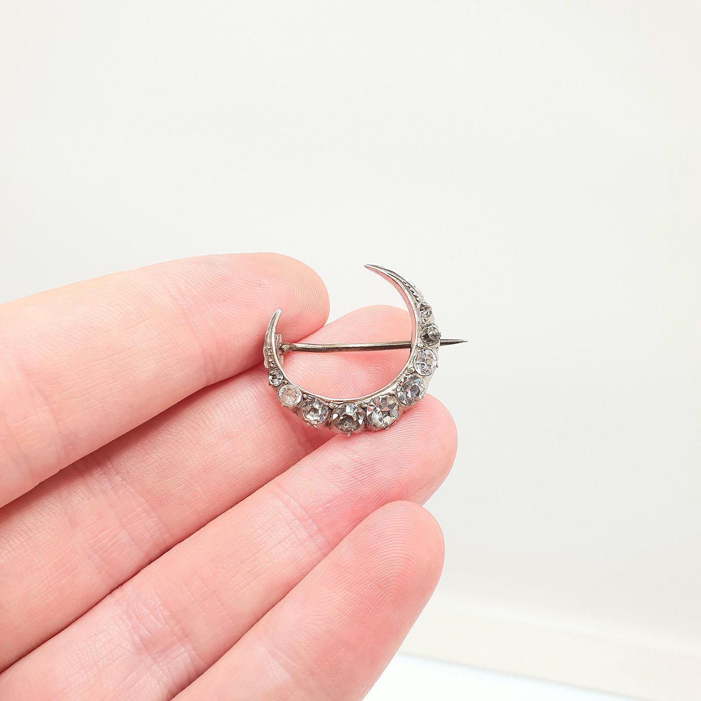 Antique Crescent Moon Solid Silver Brooch Victorian Diamond Paste Foiled Backs Sparkly Celestial Jewelry Jewellery Vintage Moons Pastes
