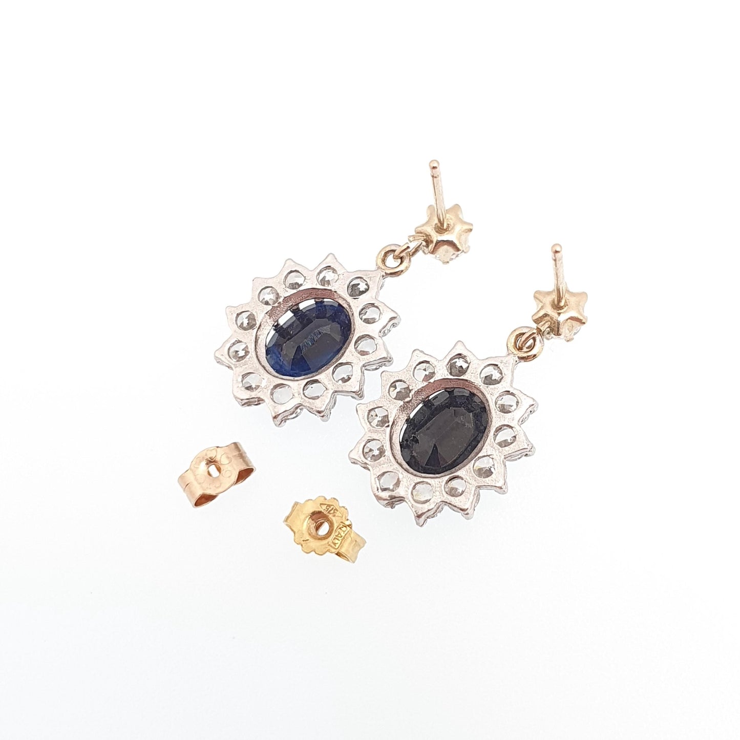 Vintage 9ct 9kt Gold Sapphire Earrings CZ Cluster Stud Hanging Drop Sparkly Solid 9k 375 Retro 1980s Cute Ladies Womens Jewelry Jewellery